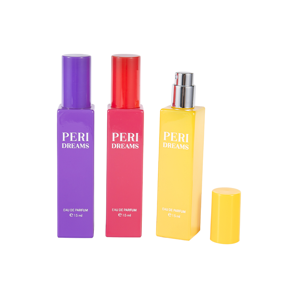 GC4421-WJ2369B 15ML Mini Kapasiteli Kaplamalı Dikdörtgen Cam Parfüm Şişesi, Silindirik PP Kapaklı