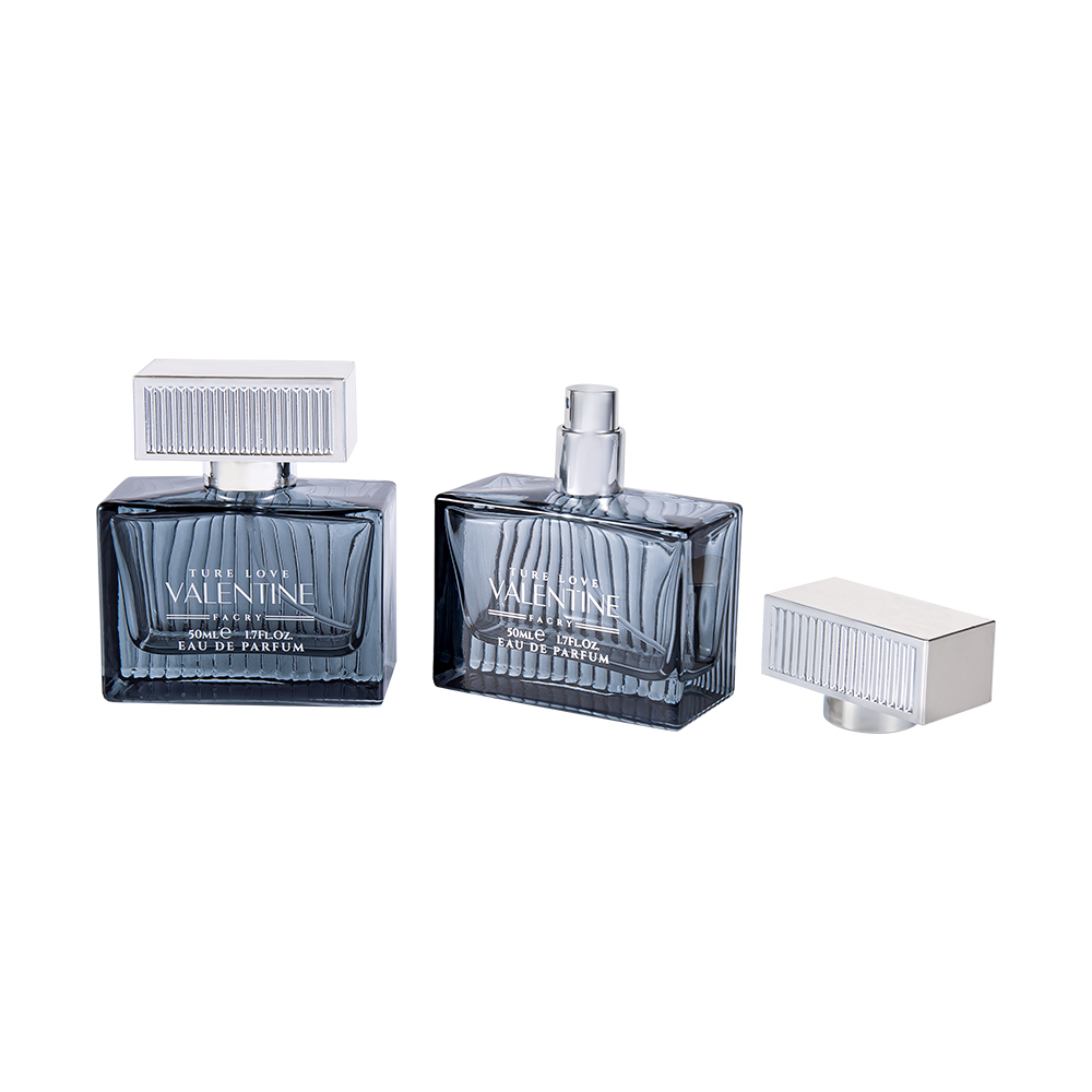 KY1111-WJ2092 50ML Dikey Şerit Cam Parfüm Şişesi, UV ABS Plastik Kapak Şeritli